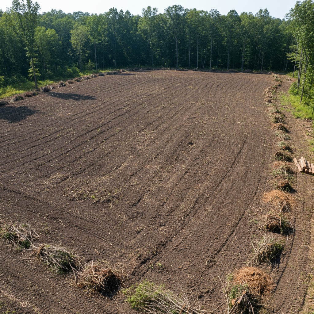 The image depicts a vast, cultivated field with a forest in the background. The field's rich, dark soil is visibly marked ...