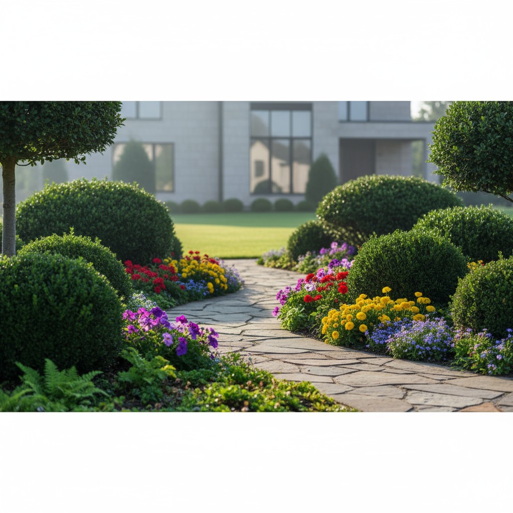 Different types of shrubs and flowers in gardens, arranged in front of a house and on a patio.