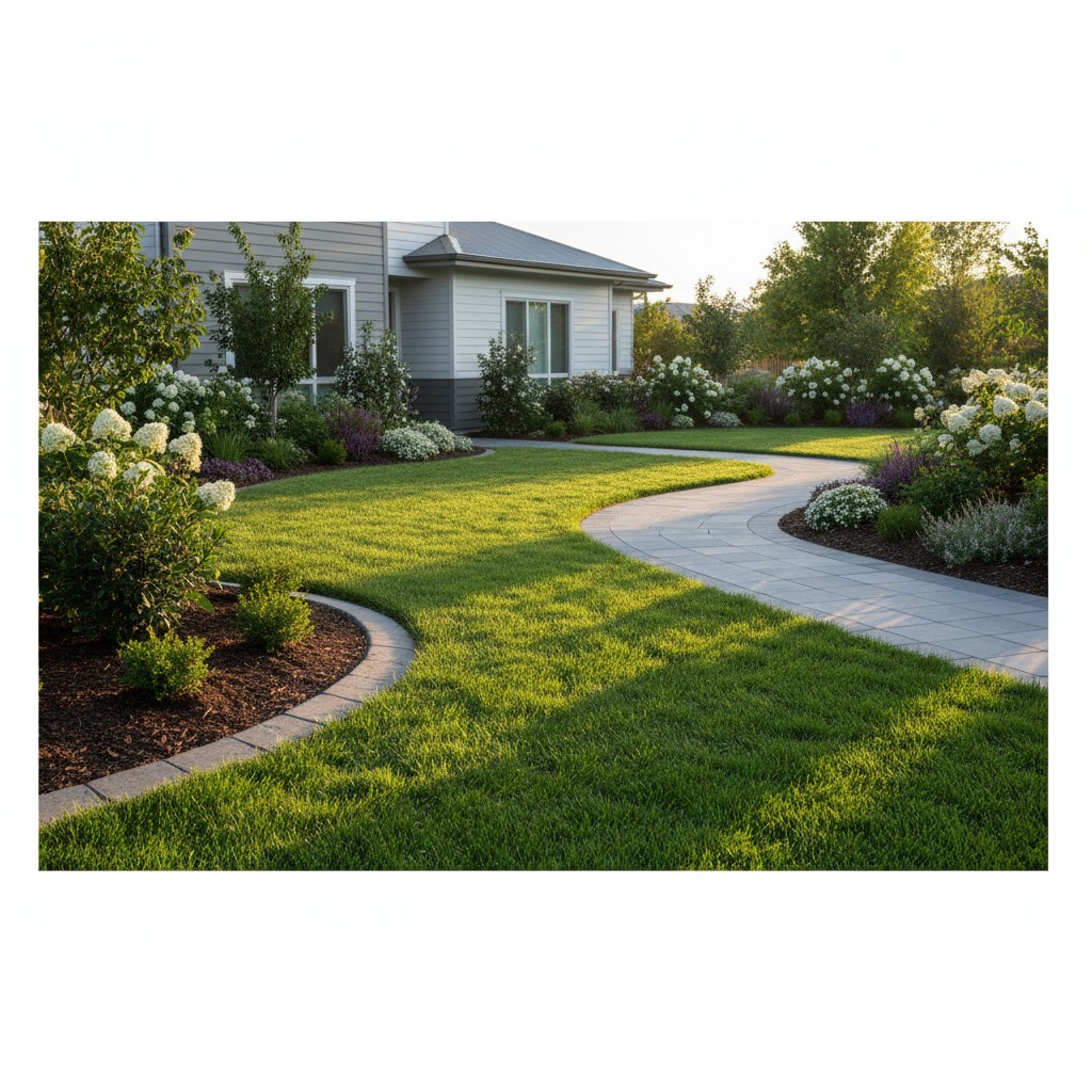 A serene suburban house with a well-manicured lawn and garden, featuring a curved stone pathway.