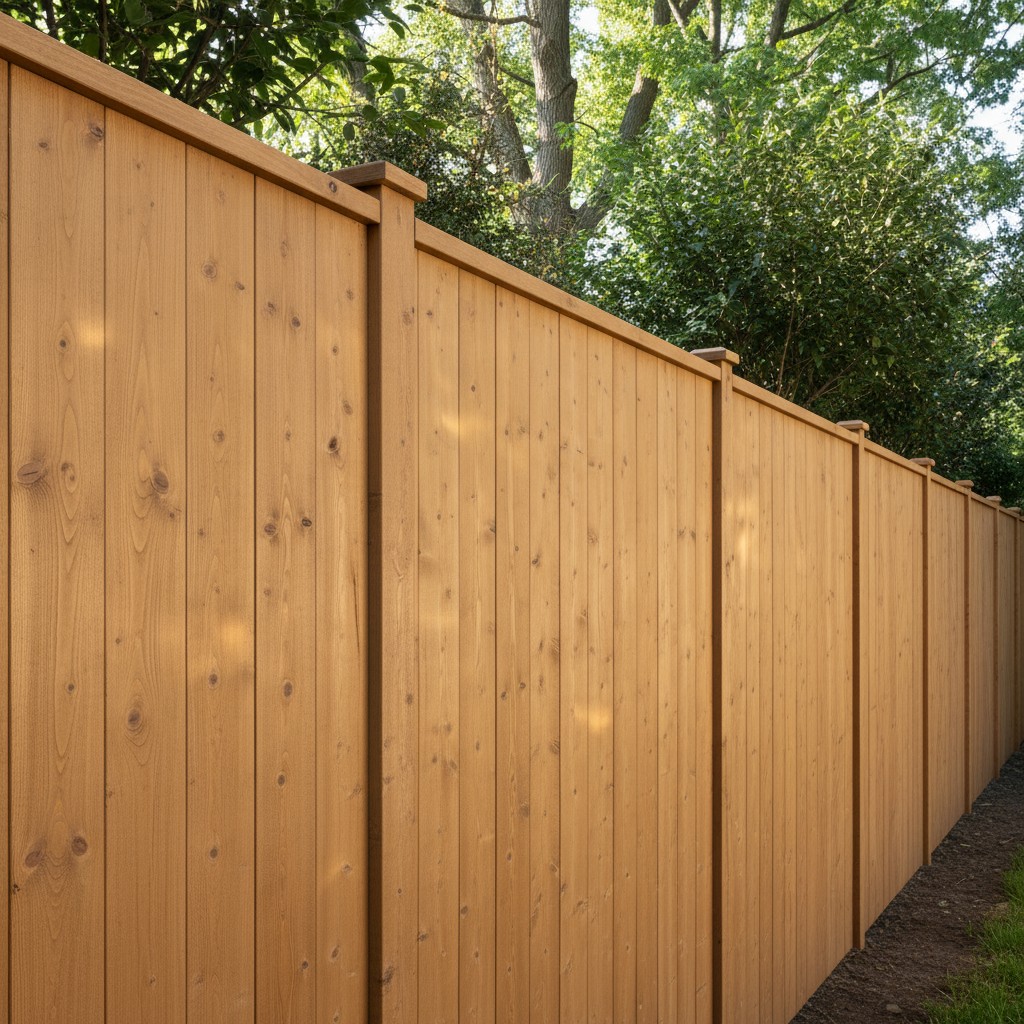 A wooden fence made of light-colored wood, comprising several panels and topped by a cap rail. The fence runs alongside a ...