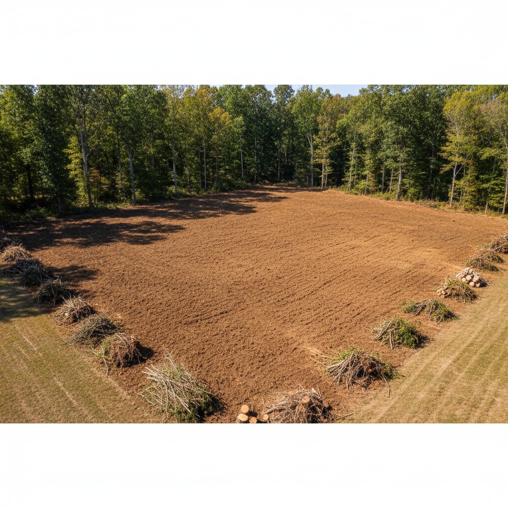 A large, flat field devoid of any vegetation, surrounded by piles of brush and firewood.