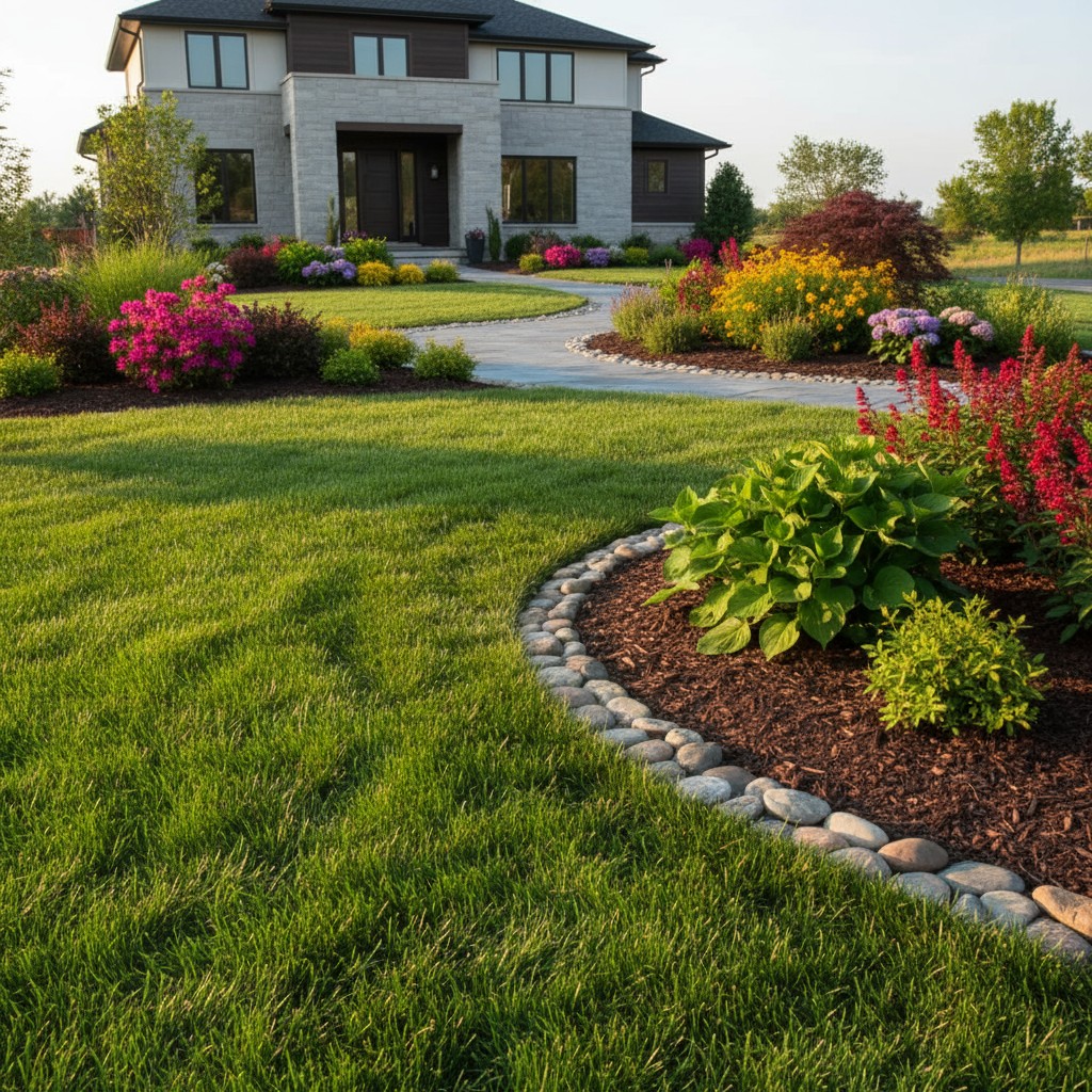 A two-story modern house with a well-manicured front yard and flower-filled gardens.