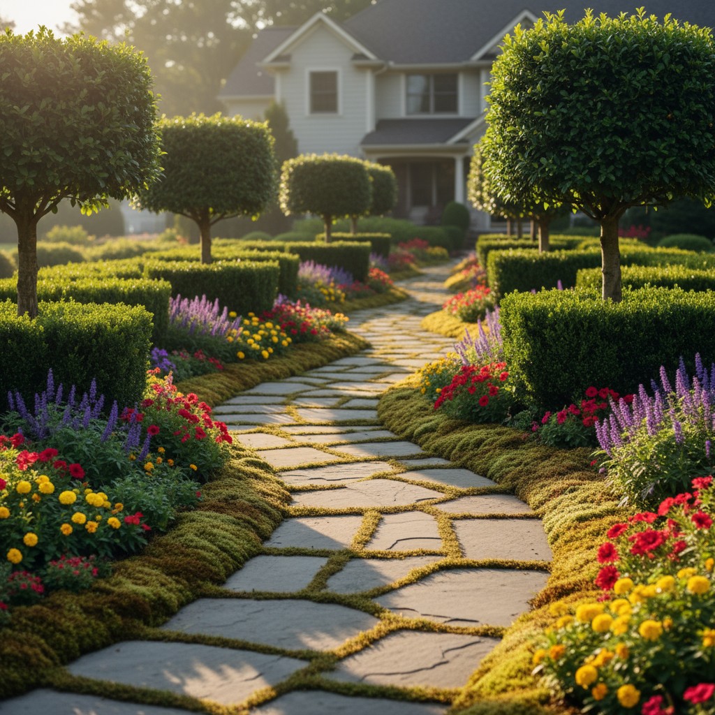 A stone pathway windings through a garden featuring colorful flowers and meticulously trimmed hedges and shrubs, with a ho...