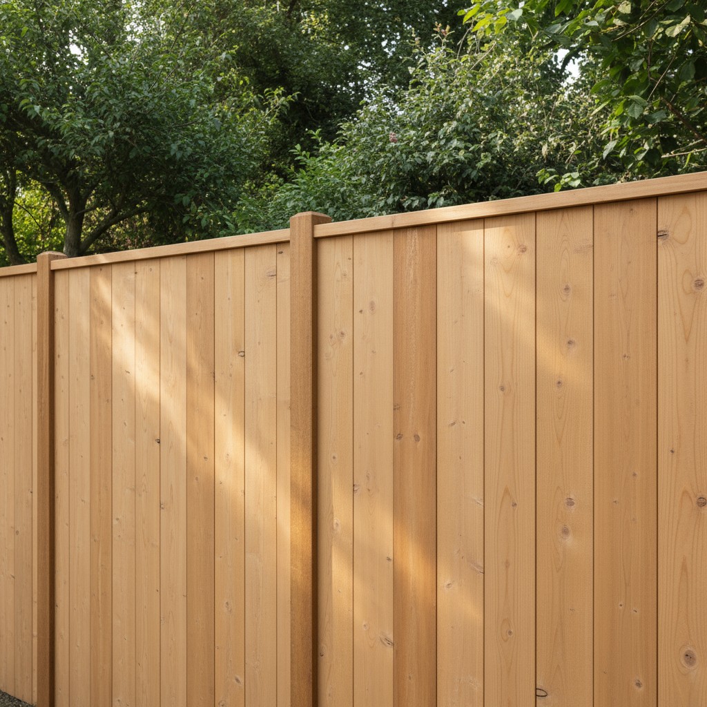 Wooden fence in a backyard, topped with green foliage in the background.
