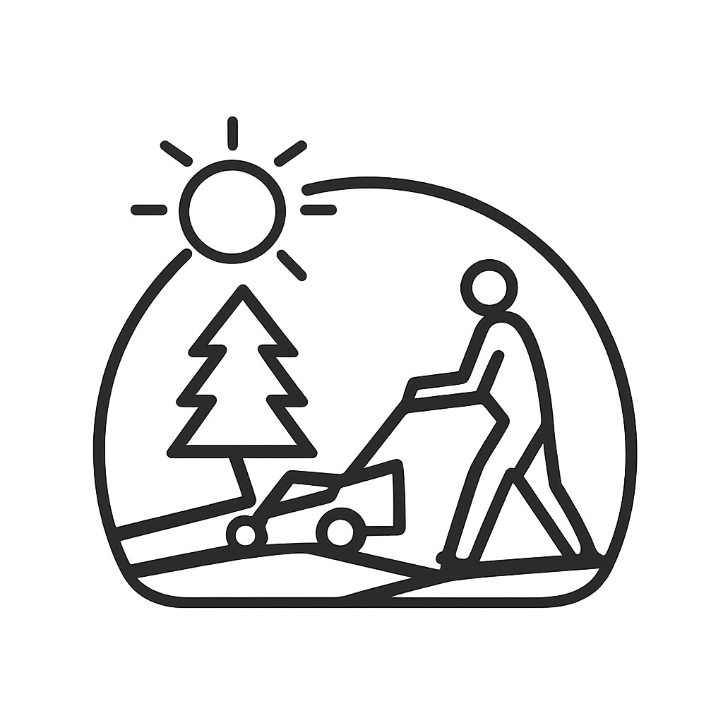 Alternative text for the image: black image silhouette of two people pulling a wagon with a tree.